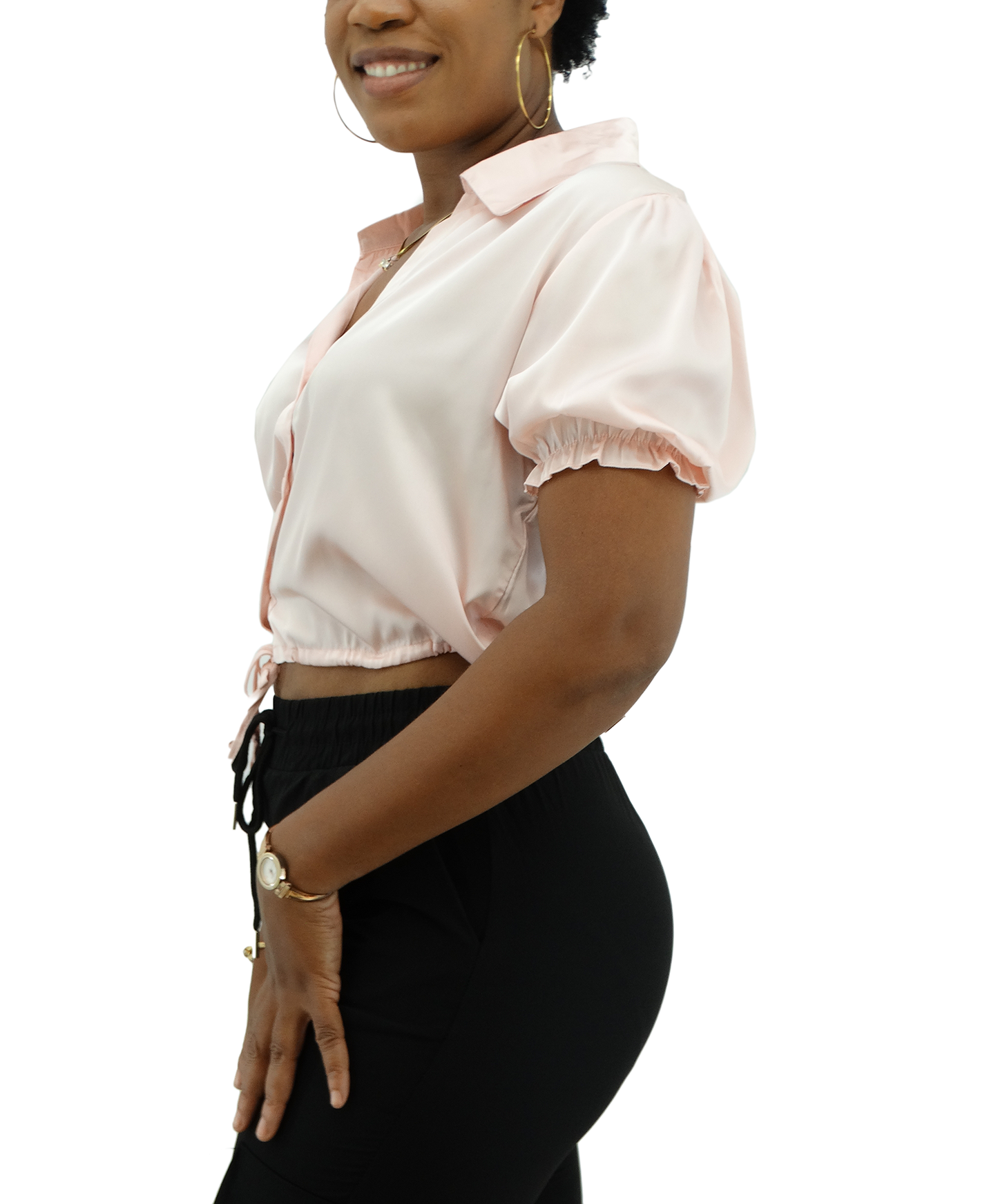 6930, Jon & Anna Women's Satin Crop Tie Blouse - S-XL