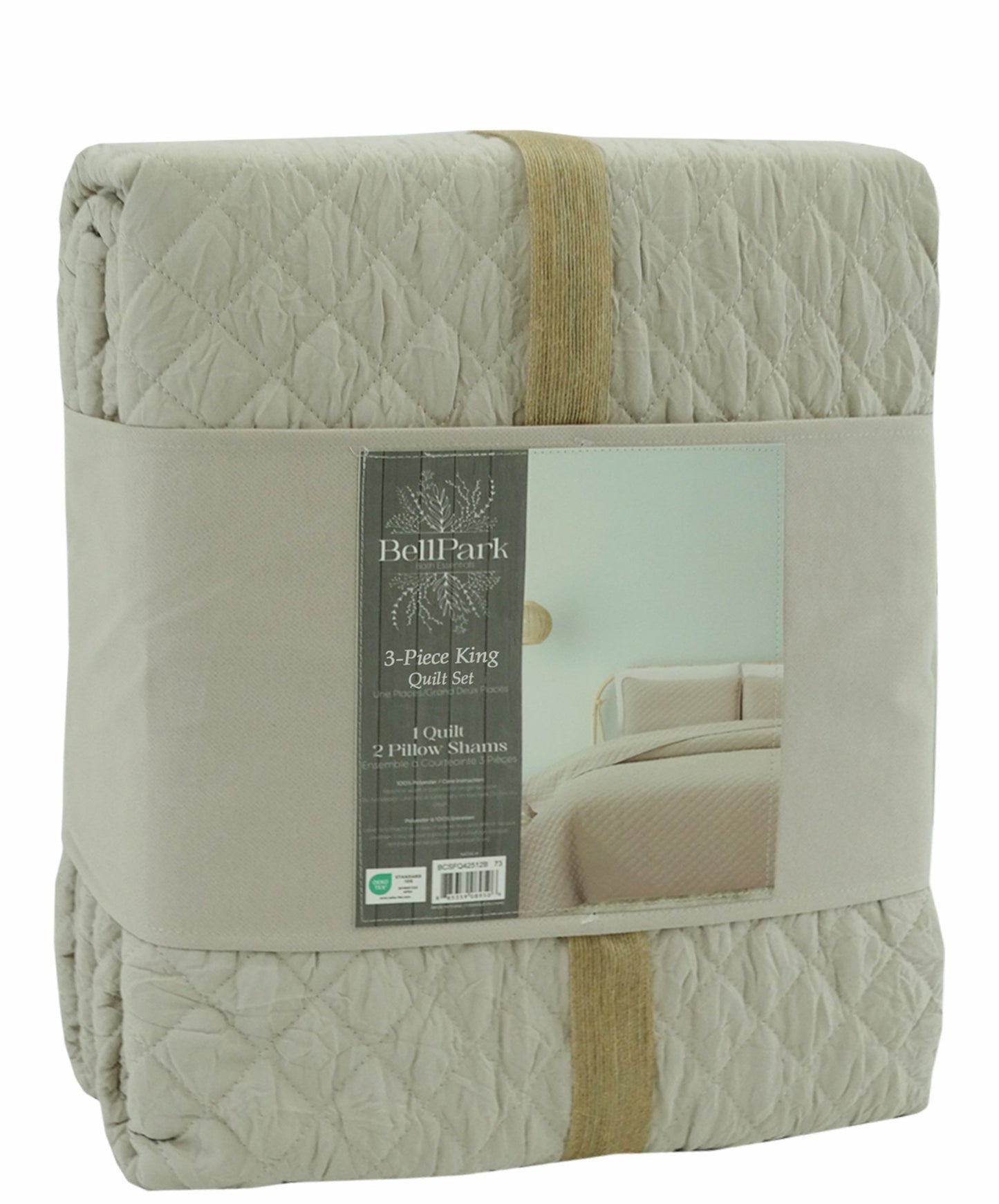 BCSK42512B, Bell Park, Natalia - 3Pc King Wrinkle Diamond Stitch Quilt Set - Linen/Marled