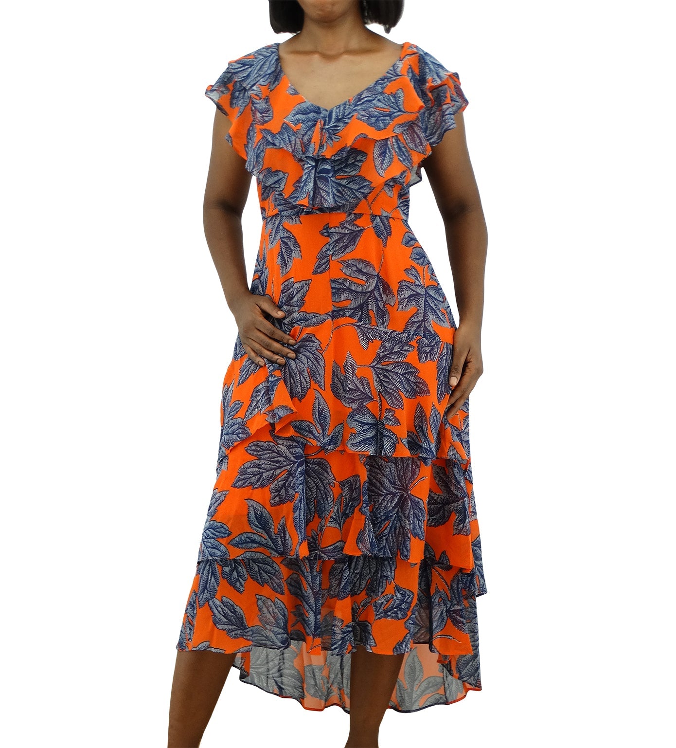 CHO421060, ILE - Women's Cap Sleeve Ruffle Dress - Orange (8-18)
