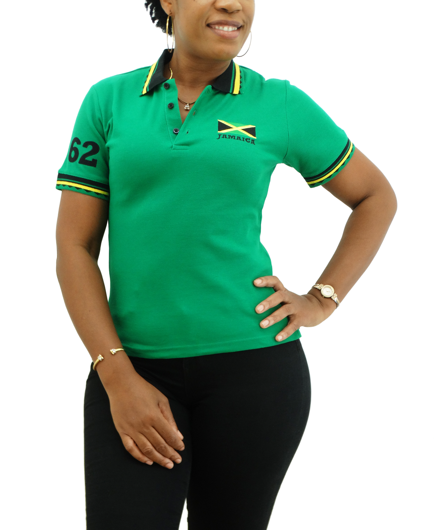 1247-62, Ladies Patch On Sleeve Jamaican Color Polo T-Shirt