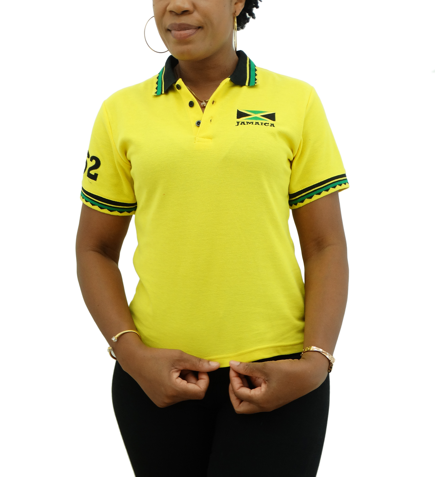1247-62, Ladies Patch On Sleeve Jamaican Color Polo T-Shirt