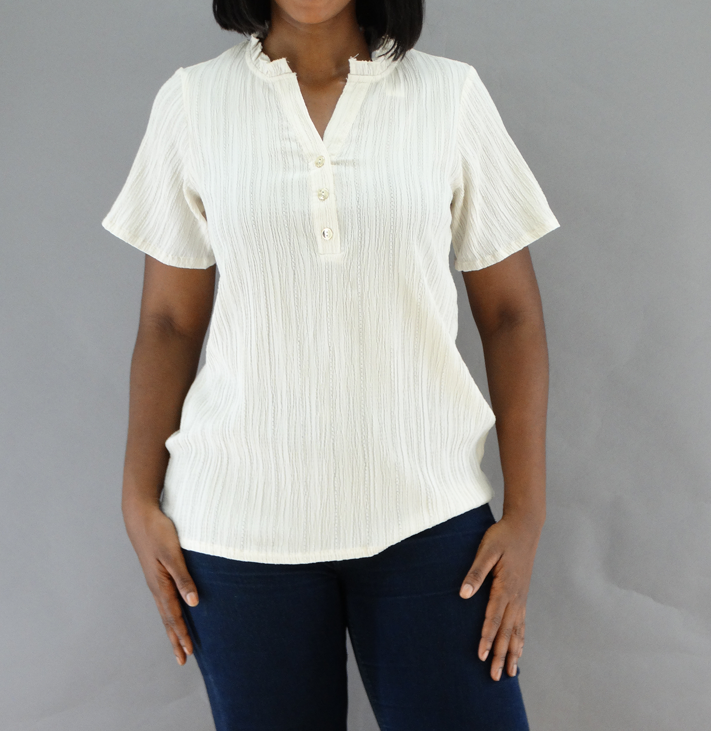 300352, Runway Ready - Women's S/S Ruffle Neck Crinkle Top (S-XL)