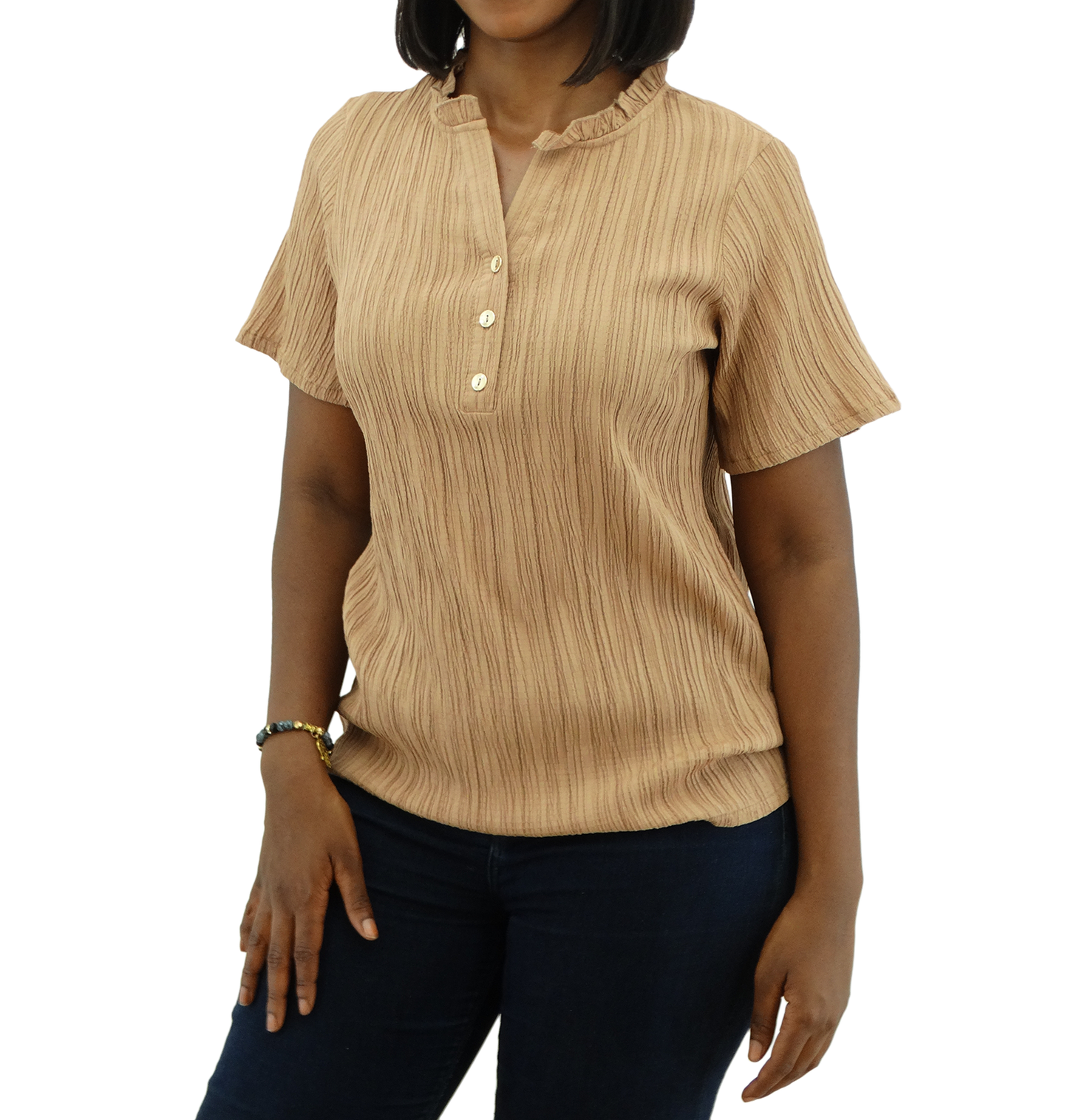 300352, Runway Ready - Women's S/S Ruffle Neck Crinkle Top (S-XL)