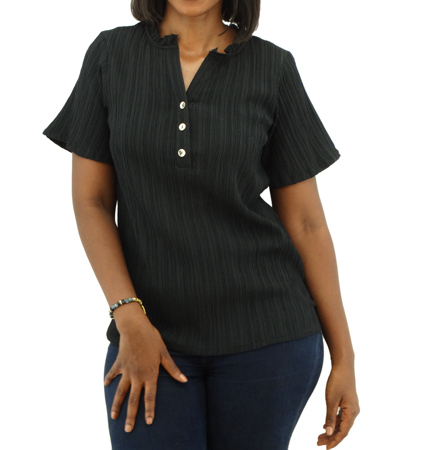 300352, Runway Ready - Women's S/S Ruffle Neck Crinkle Top (S-XL)