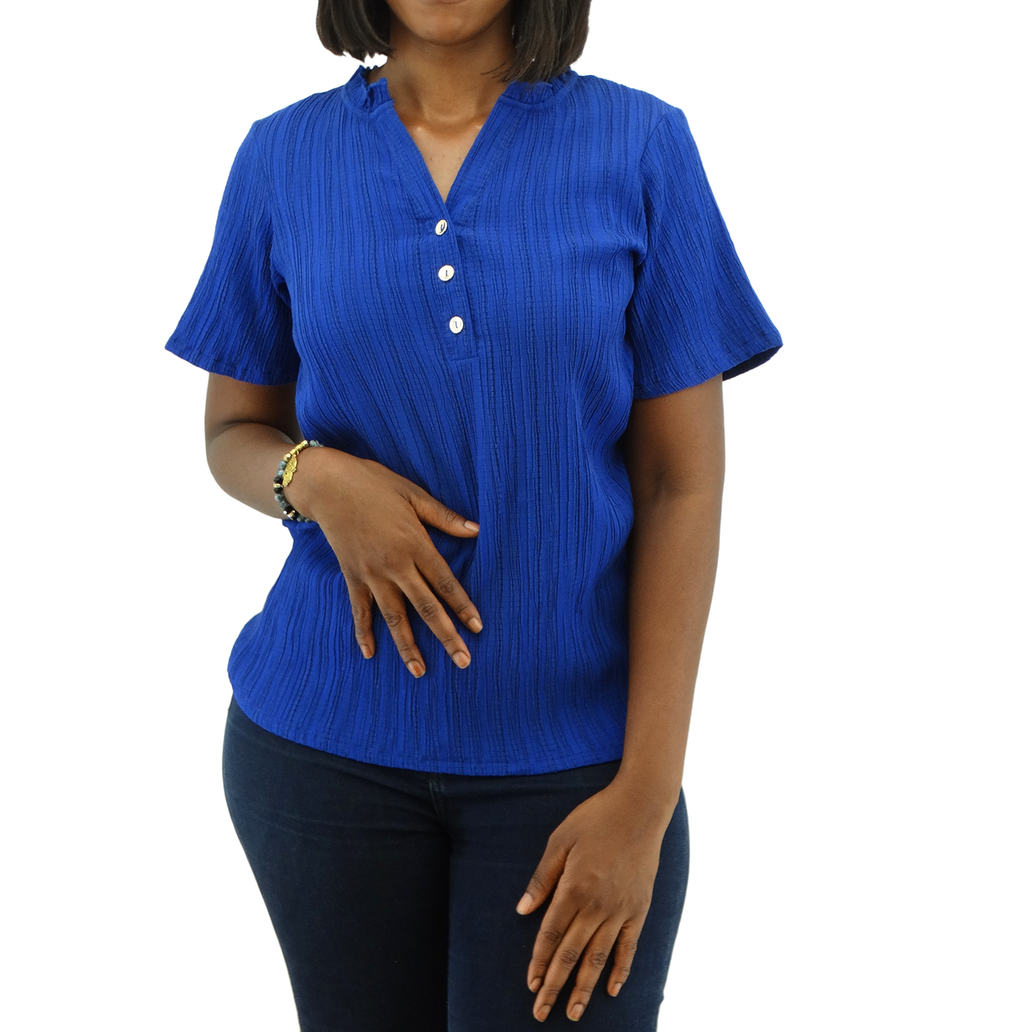 300352, Runway Ready - Women's S/S Ruffle Neck Crinkle Top (S-XL)
