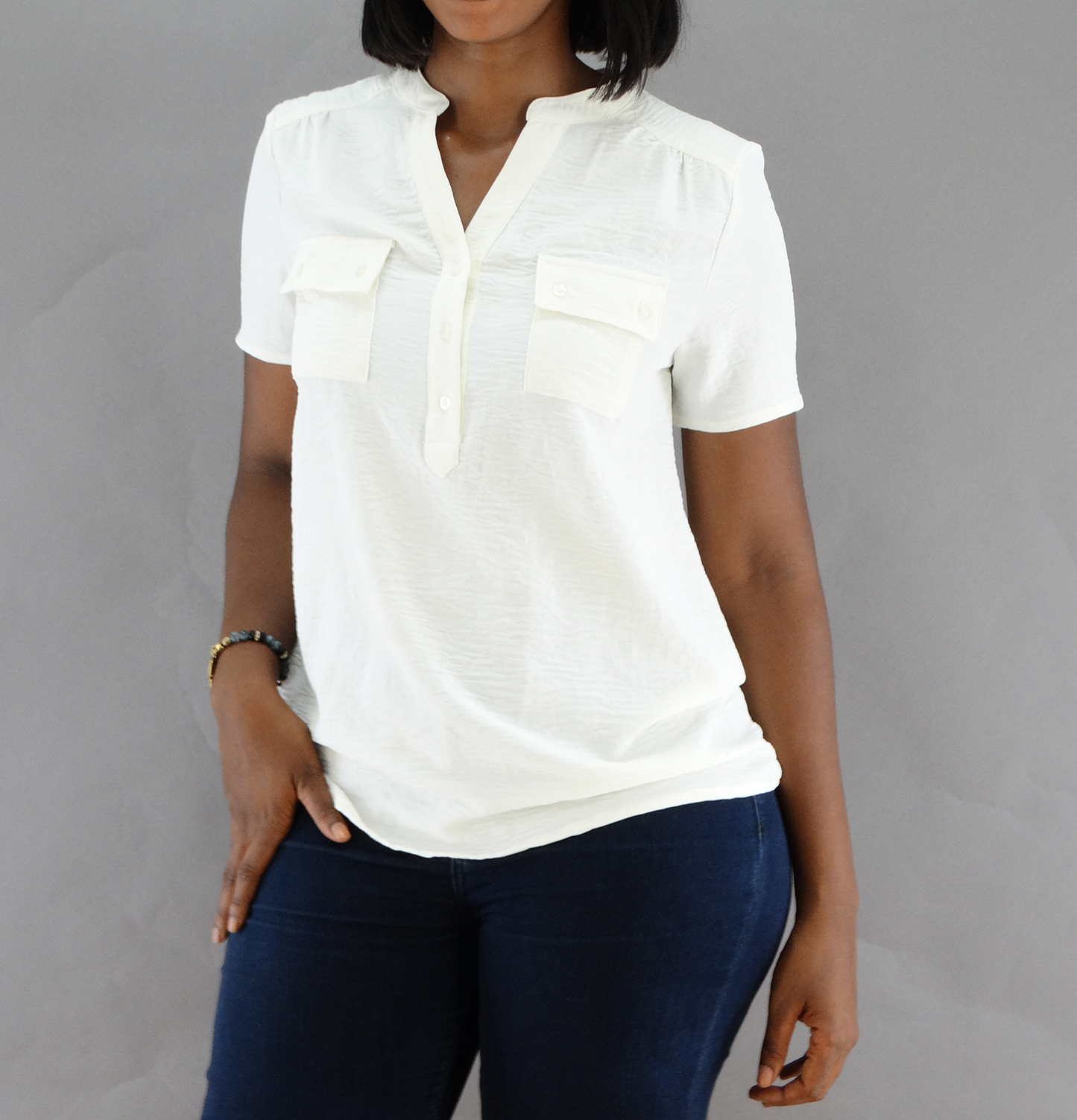 30167, Runway Ready - Women's S/S Mandarin Collar Double Pocket Top (S-XL)