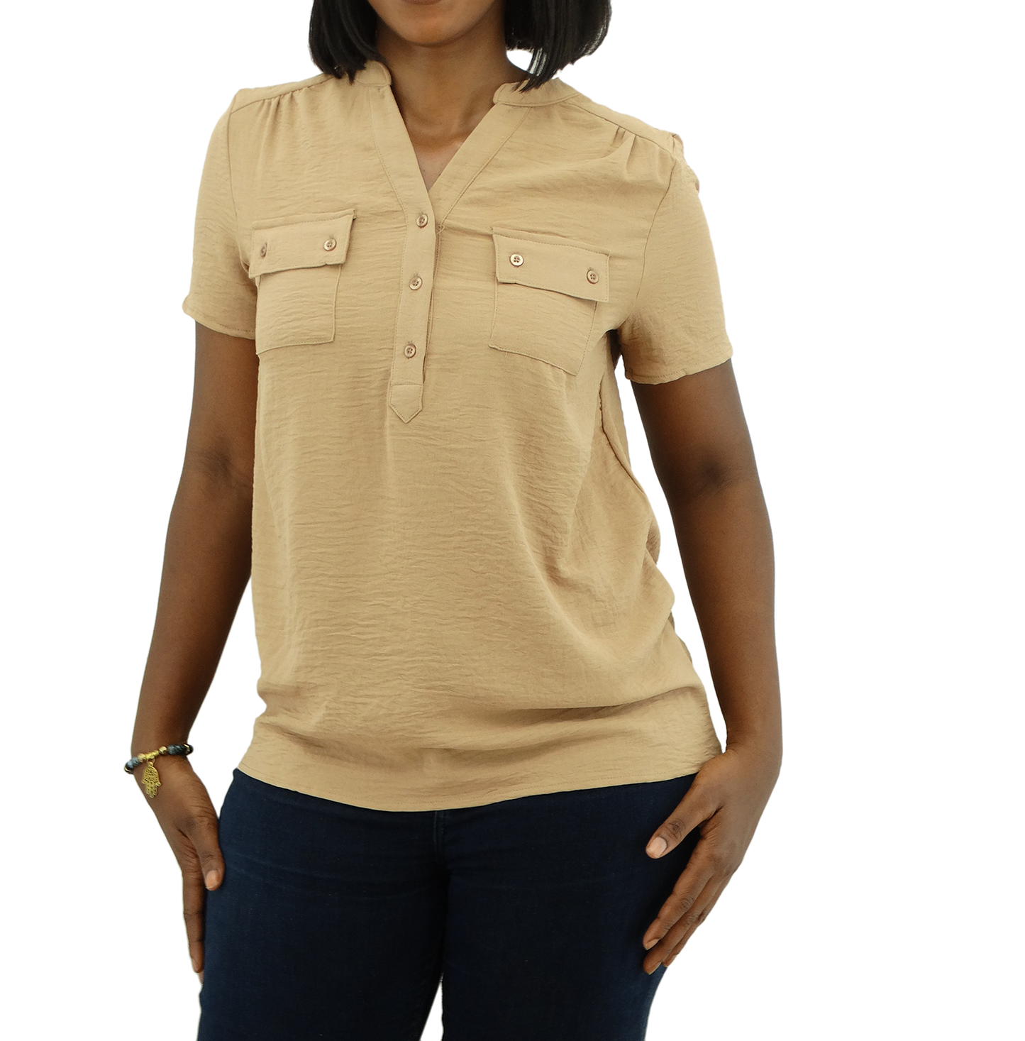 30167, Runway Ready - Women's S/S Mandarin Collar Double Pocket Top (S-XL)