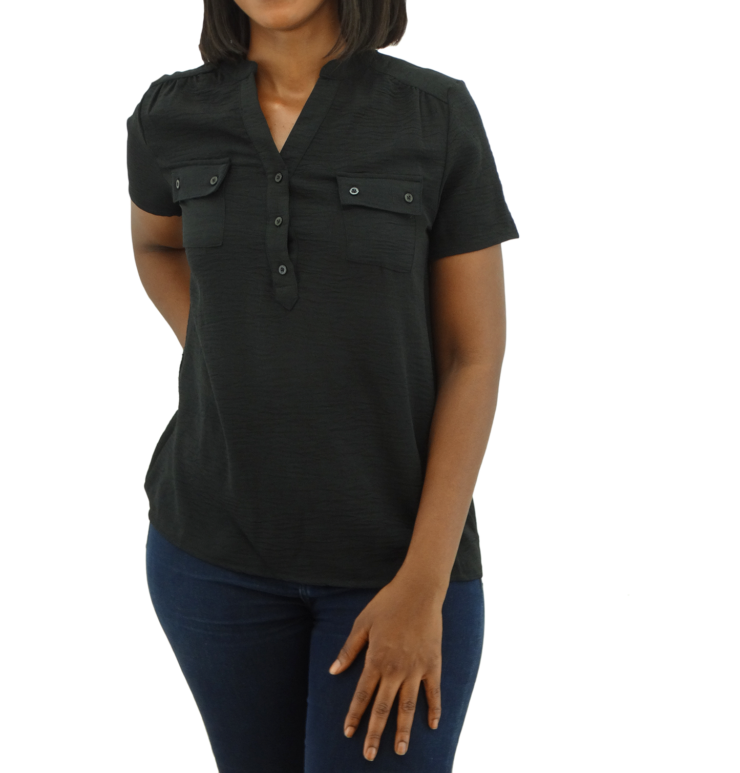 30167, Runway Ready - Women's S/S Mandarin Collar Double Pocket Top (S-XL)