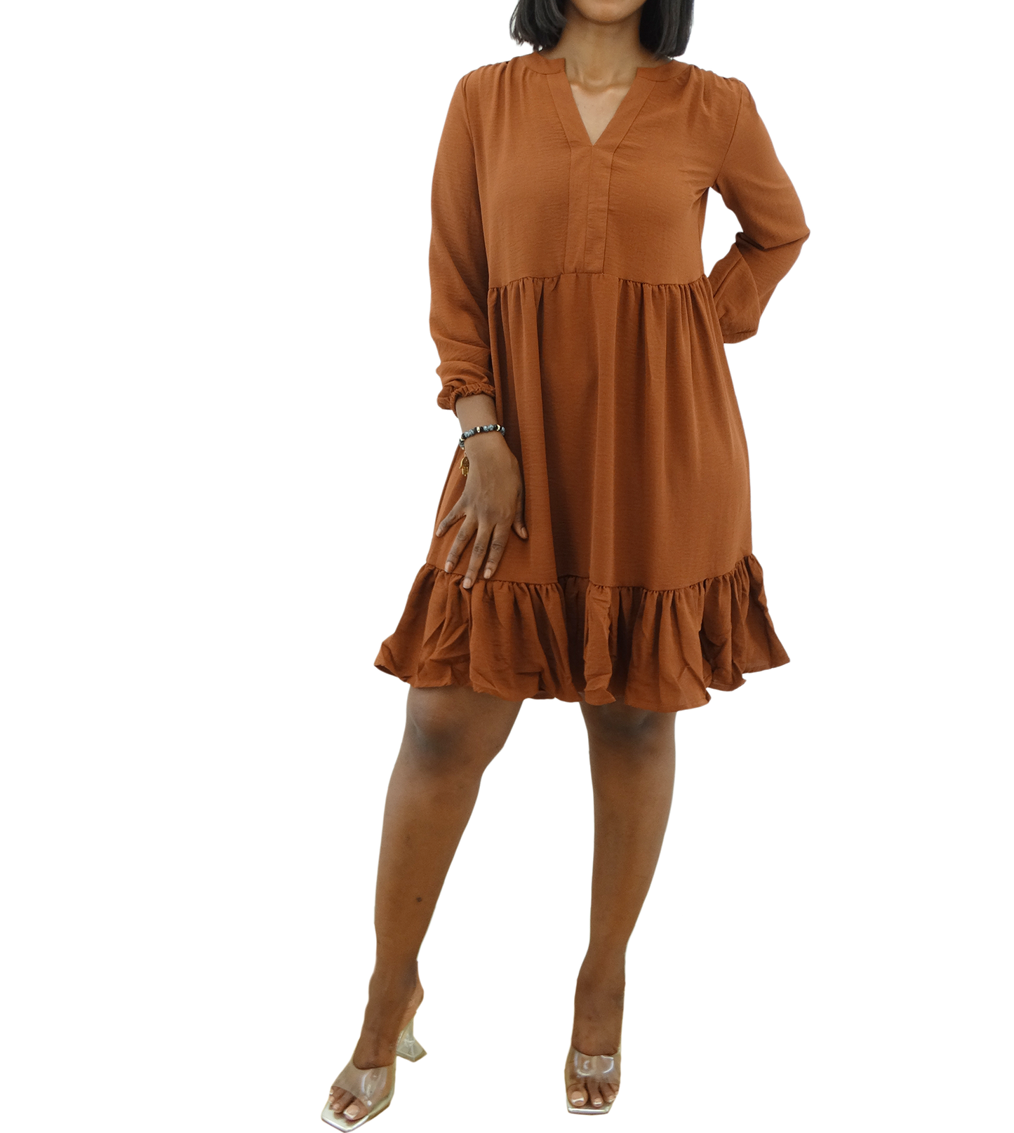 30179, Runway Ready - Women's L/S Split-Neck Ruffle Dress (S-XL)