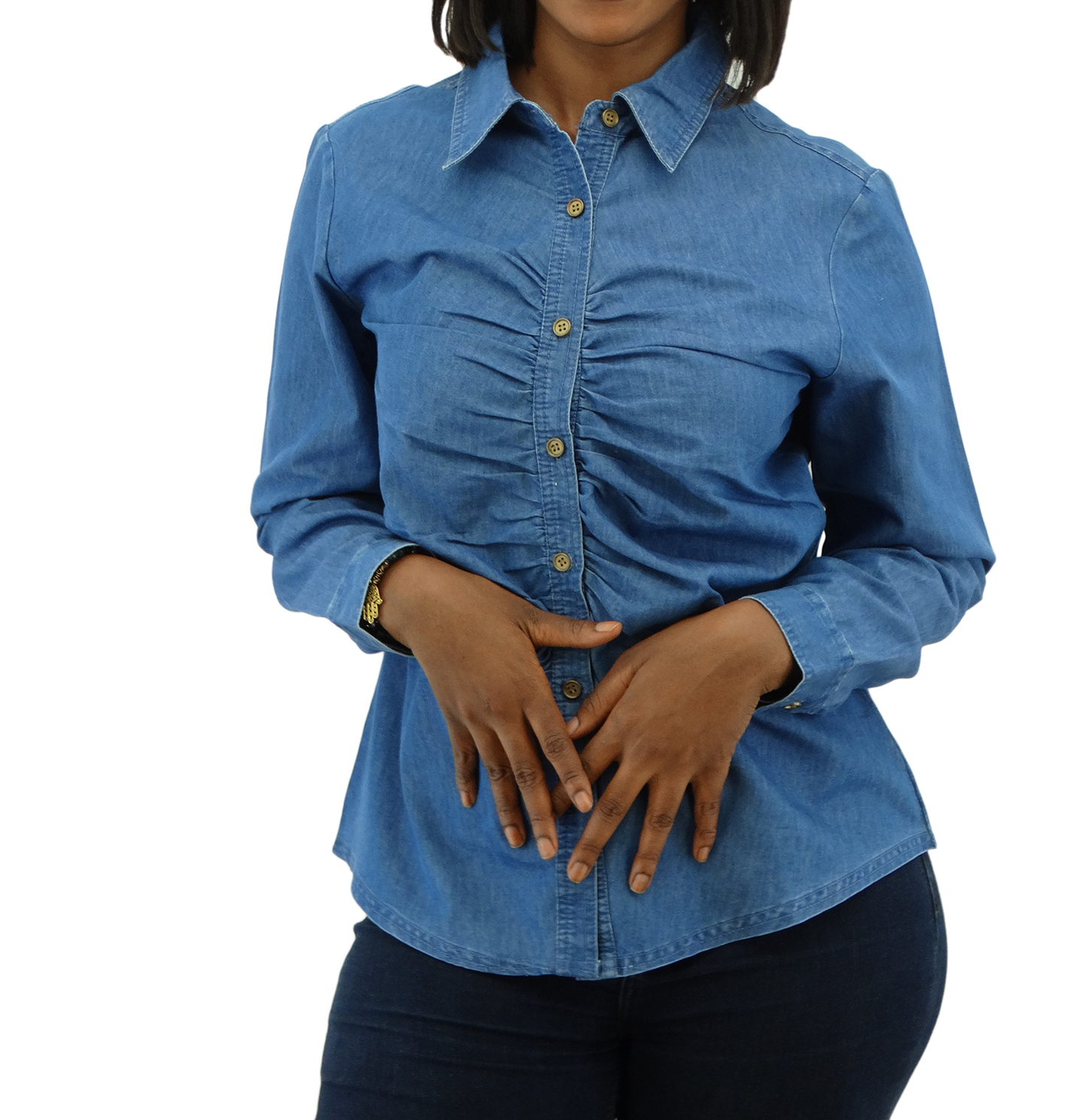 30317, Runway Ready - Women's L/S Denim Shirt w/ Shirring Placket (S-XL)