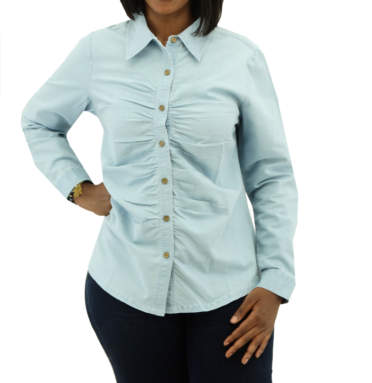 30317, Runway Ready - Women's L/S Denim Shirt w/ Shirring Placket (S-XL)