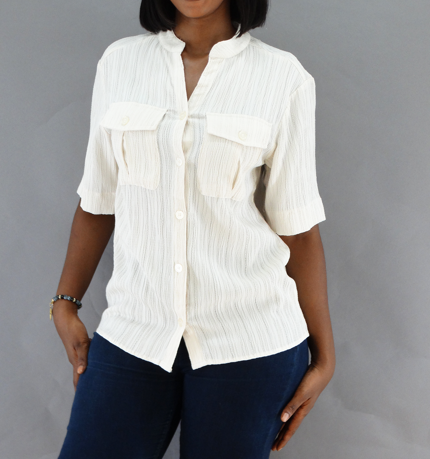 30398, Runway Ready - Women's Mandarin Collar Double Pocket Crinkle Top (S-XL)