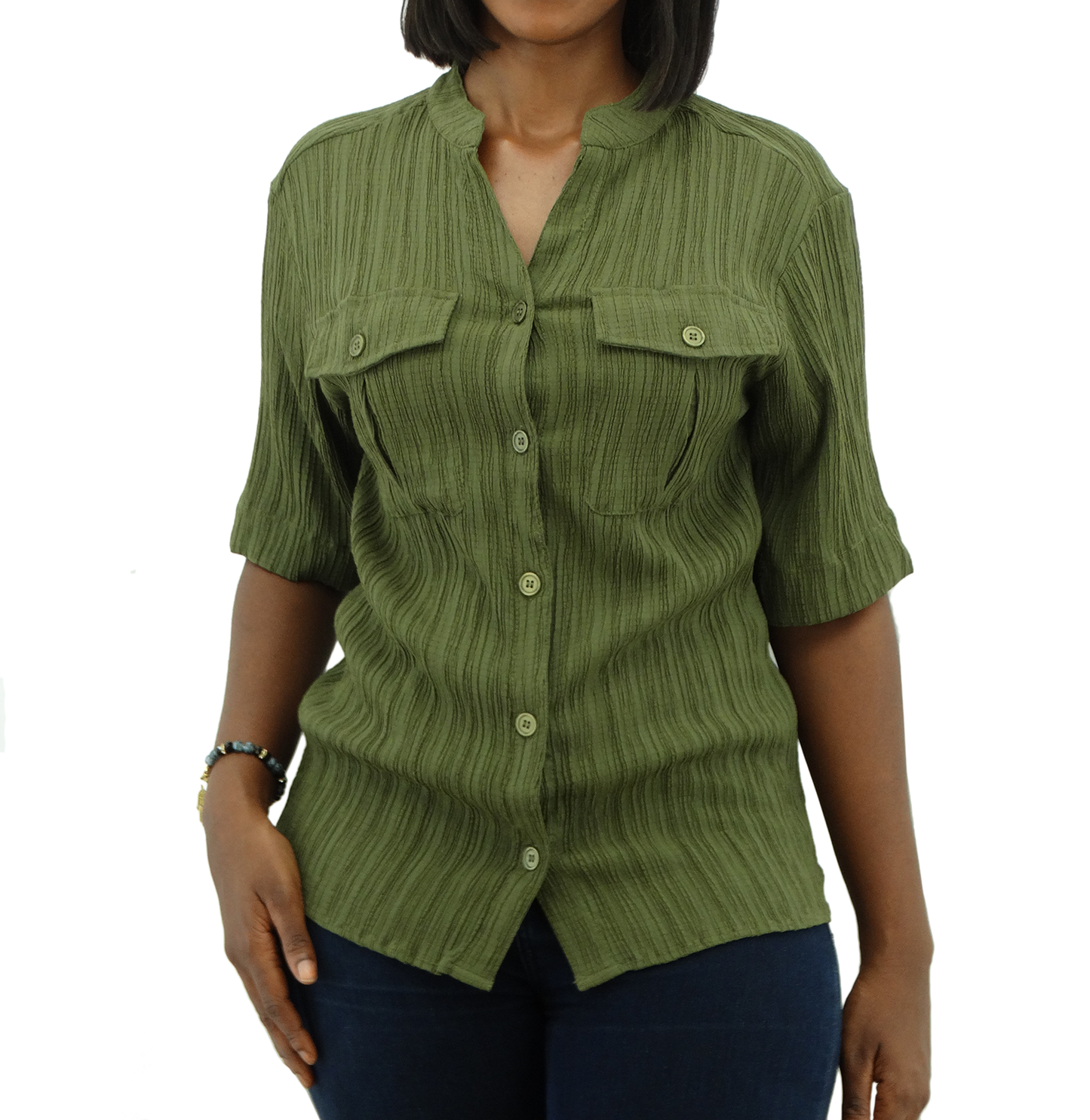 30398, Runway Ready - Women's Mandarin Collar Double Pocket Crinkle Top (S-XL)