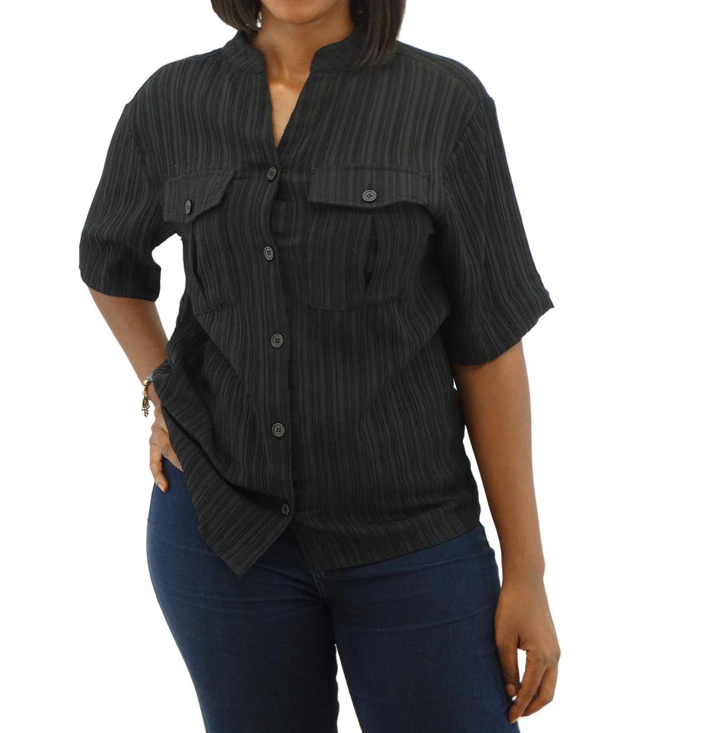 30398, Runway Ready - Women's Mandarin Collar Double Pocket Crinkle Top (S-XL)