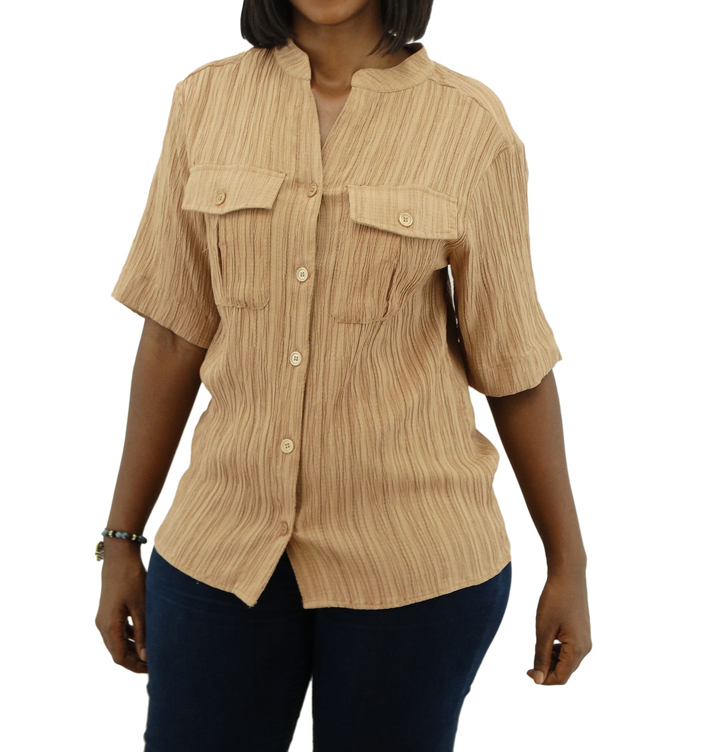 30398, Runway Ready - Women's Mandarin Collar Double Pocket Crinkle Top (S-XL)