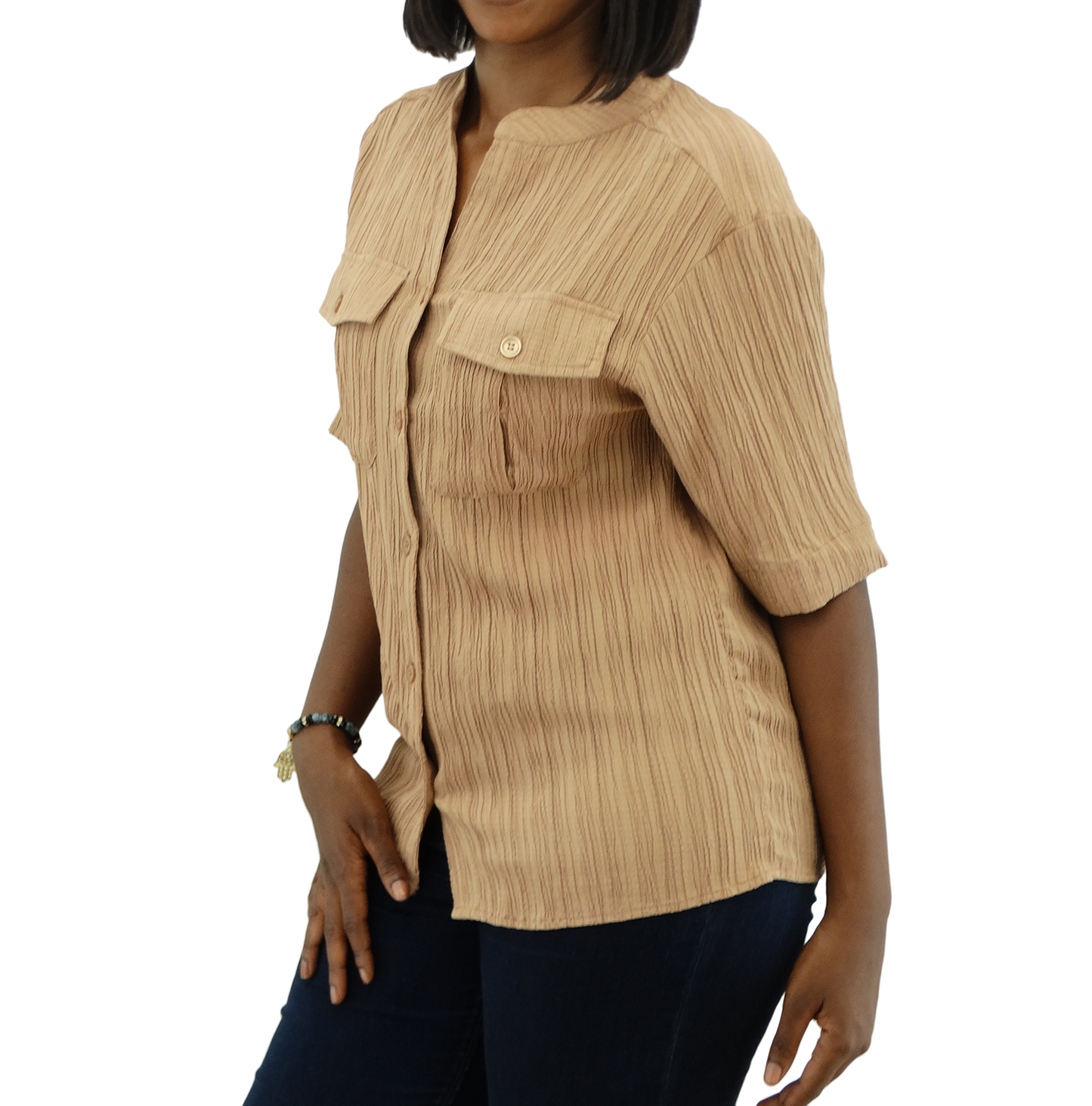 30398, Runway Ready - Women's Mandarin Collar Double Pocket Crinkle Top (S-XL)