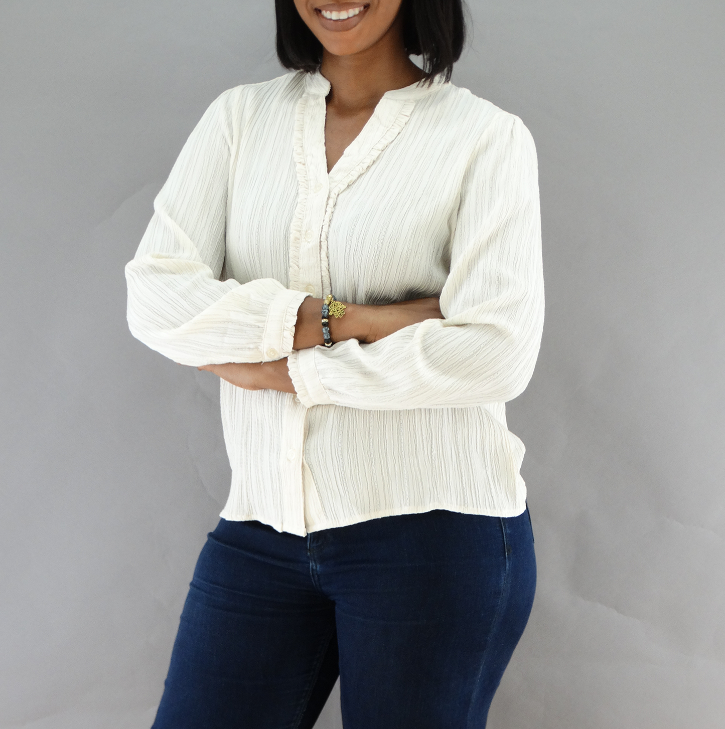 30399, Runway Ready - Women's L/S Mandarin Collar Top w/Ruffle Placket (S-XL)