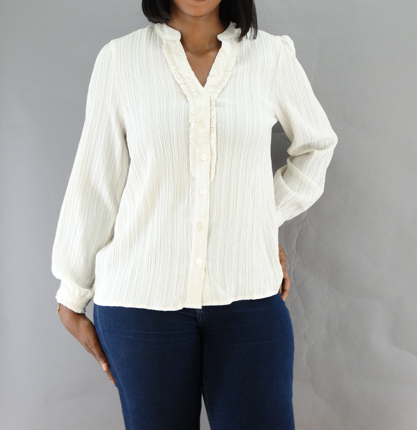 30399, Runway Ready - Women's L/S Mandarin Collar Top w/Ruffle Placket (S-XL)