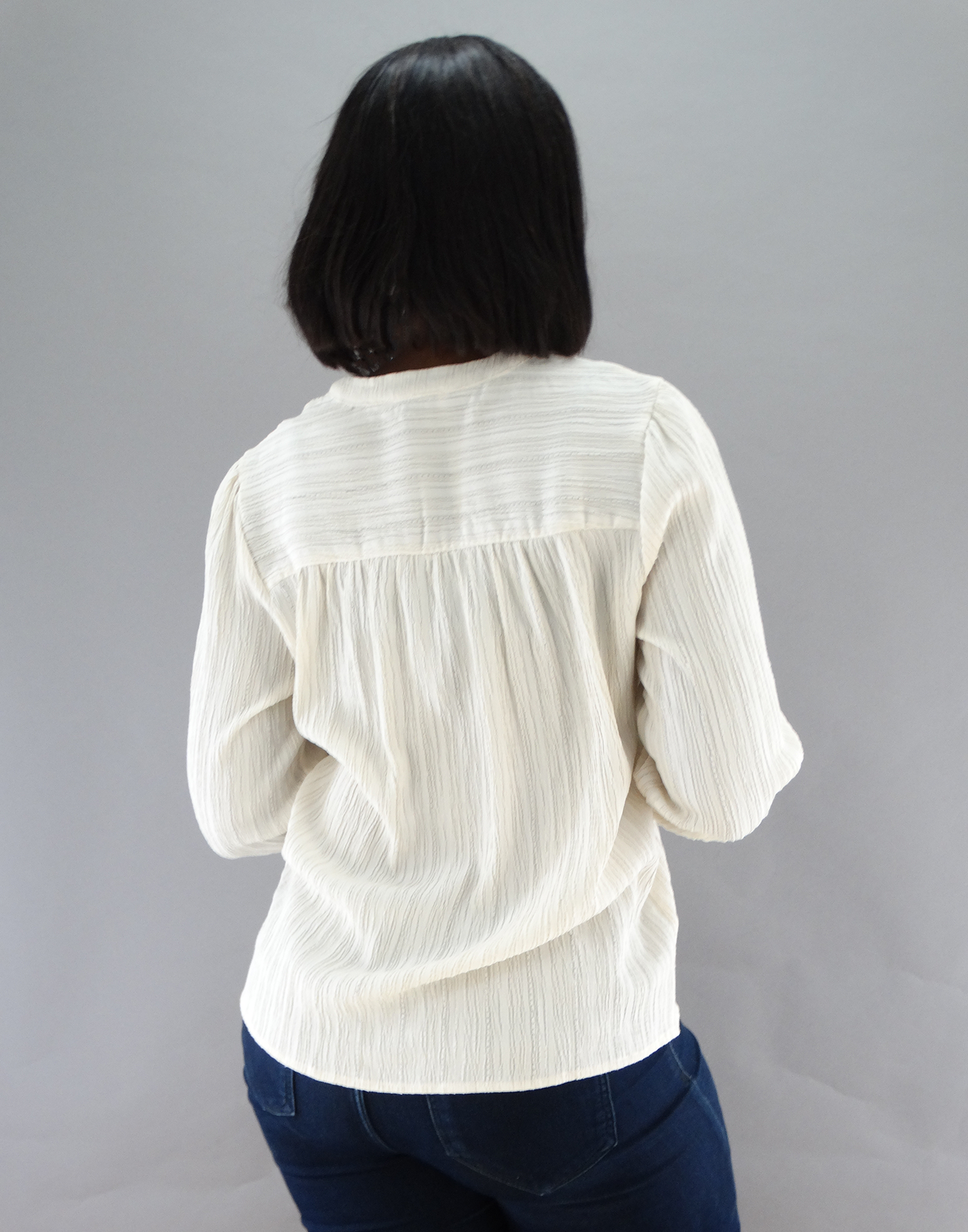 30399, Runway Ready - Women's L/S Mandarin Collar Top w/Ruffle Placket (S-XL)