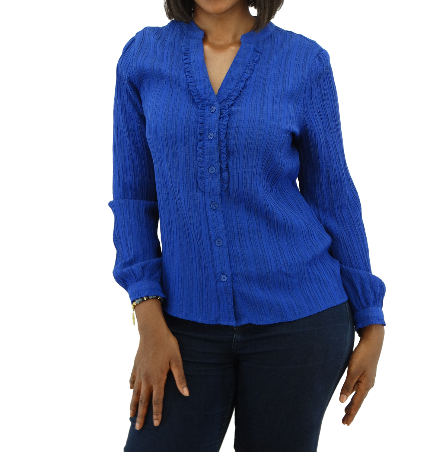 30399, Runway Ready - Women's L/S Mandarin Collar Top w/Ruffle Placket (S-XL)