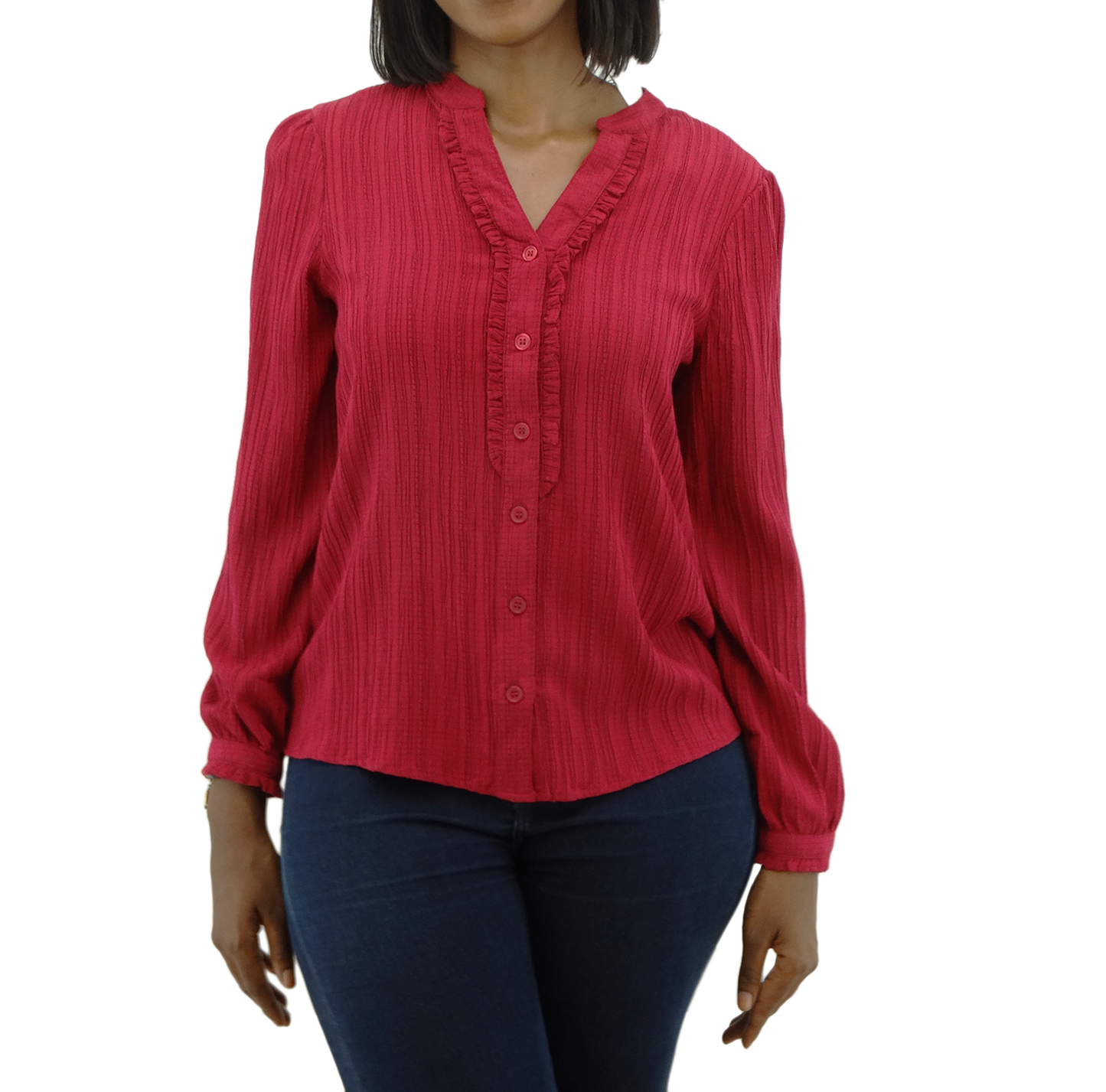 30399, Runway Ready - Women's L/S Mandarin Collar Top w/Ruffle Placket (S-XL)