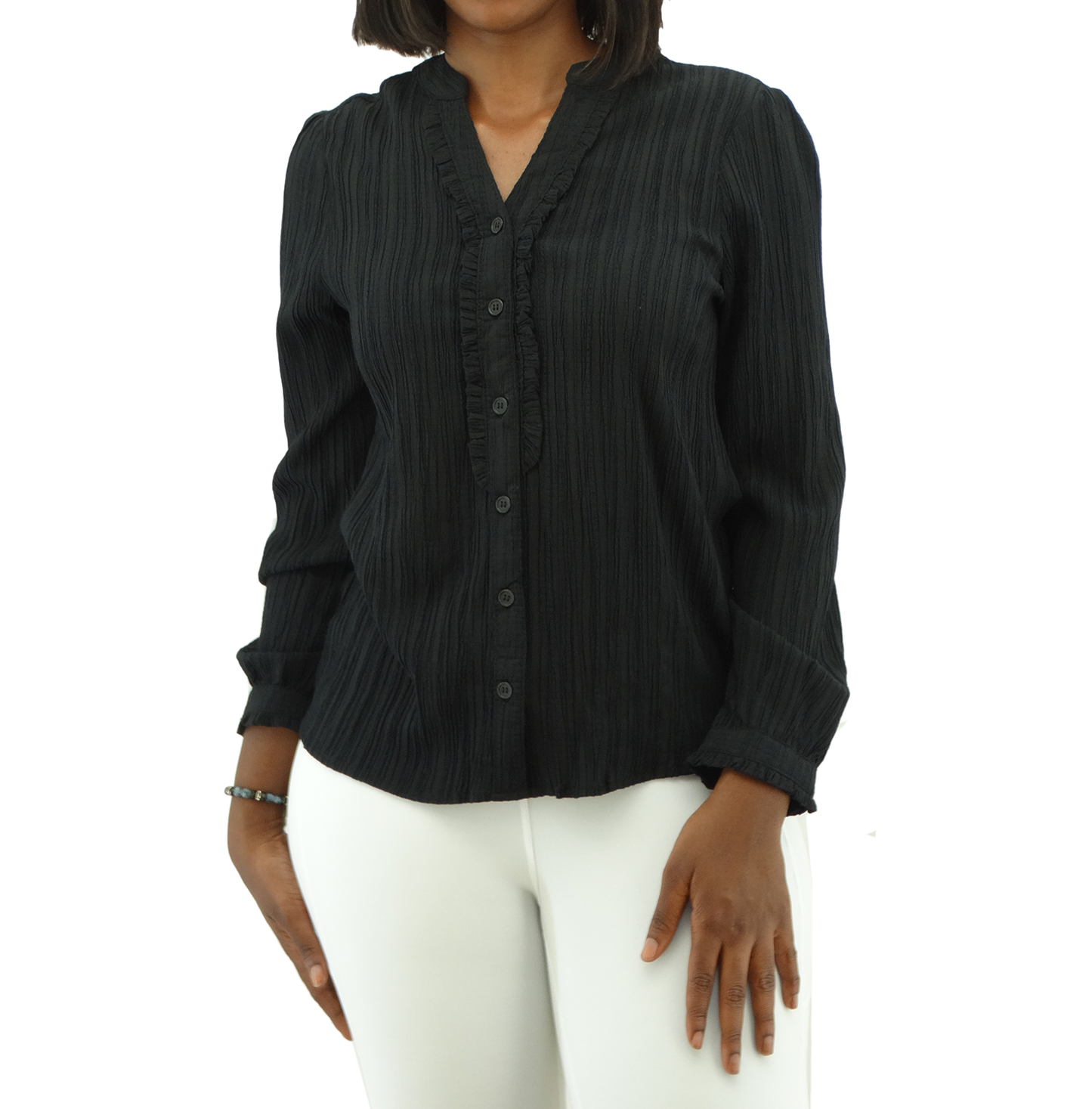30399, Runway Ready - Women's L/S Mandarin Collar Top w/Ruffle Placket (S-XL)