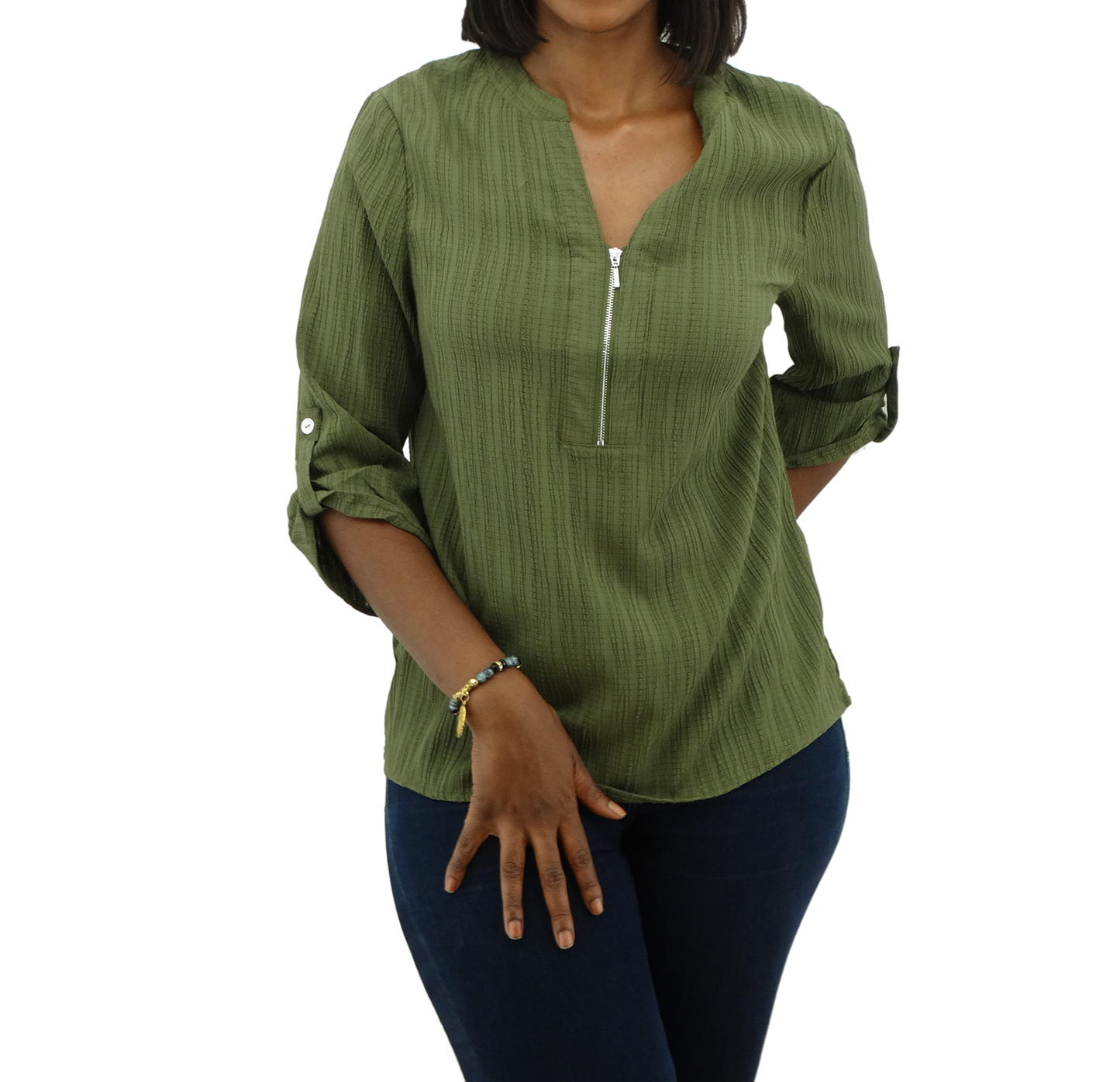 30400, Runway Ready - Women's 3/4 Sleeve Zipper Placket Crinkle Top (S-XL)