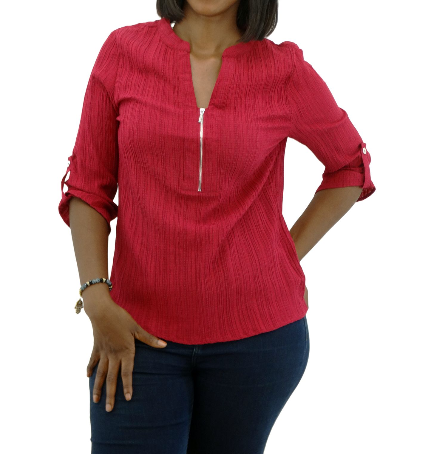 30400, Runway Ready - Women's 3/4 Sleeve Zipper Placket Crinkle Top (S-XL)
