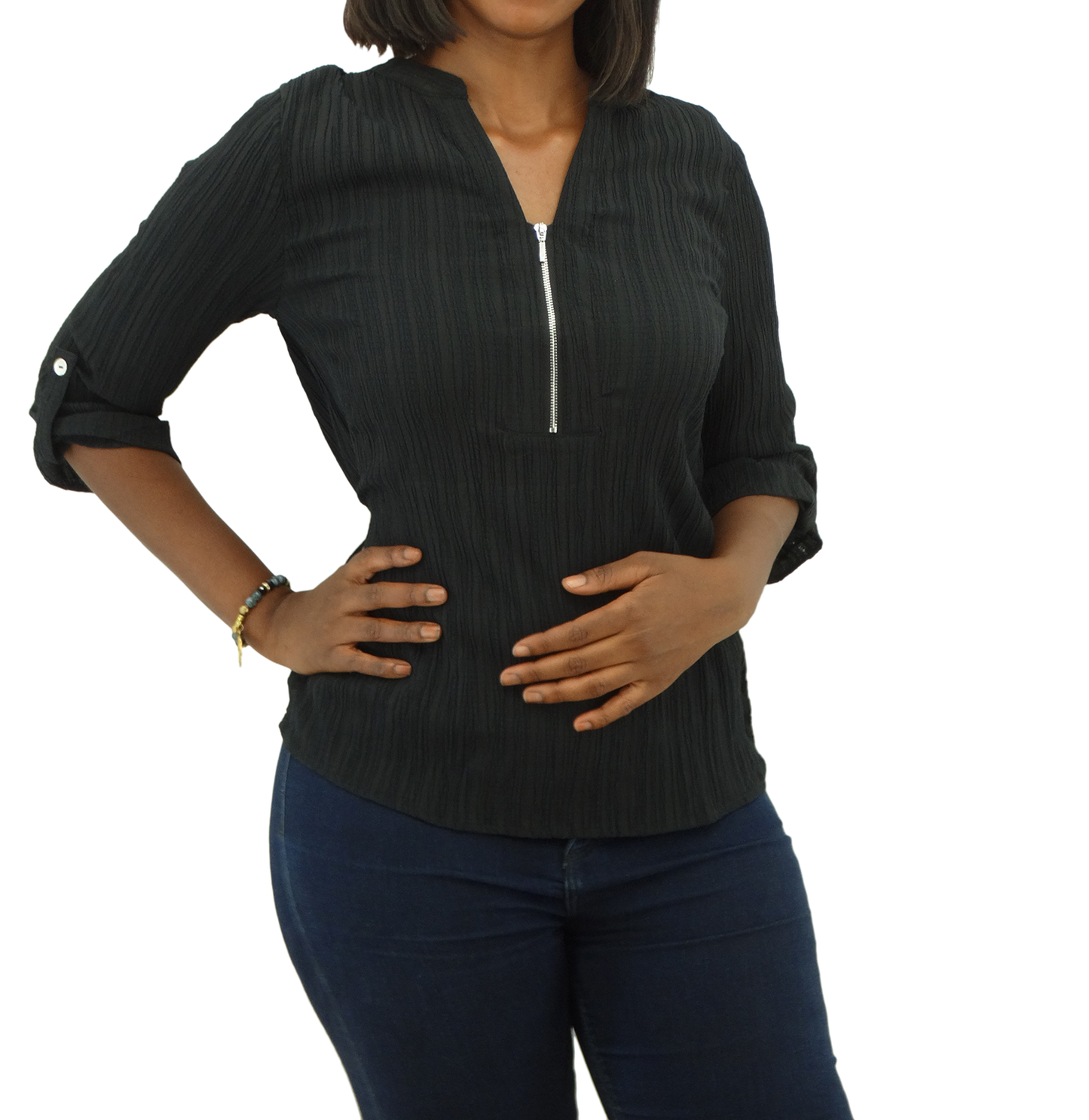 30400, Runway Ready - Women's 3/4 Sleeve Zipper Placket Crinkle Top (S-XL)
