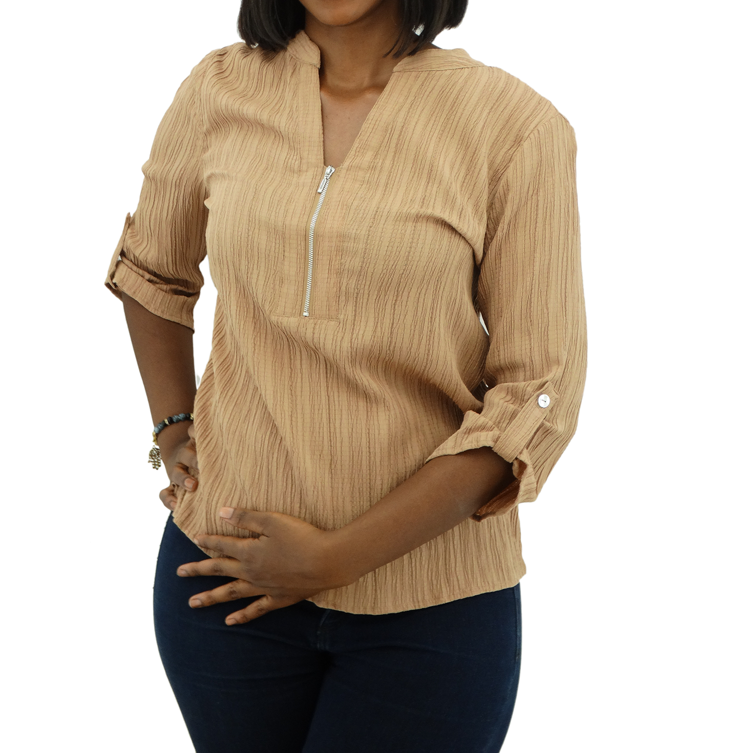 30400, Runway Ready - Women's 3/4 Sleeve Zipper Placket Crinkle Top (S-XL)