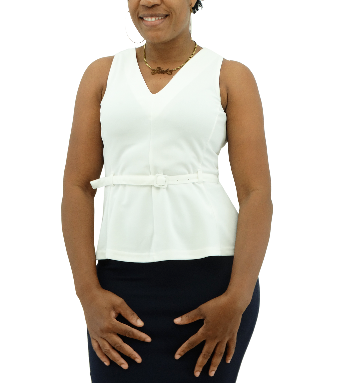 4121MISS3309B, Ezra - Women's Belted Sleeveless Top - Off White