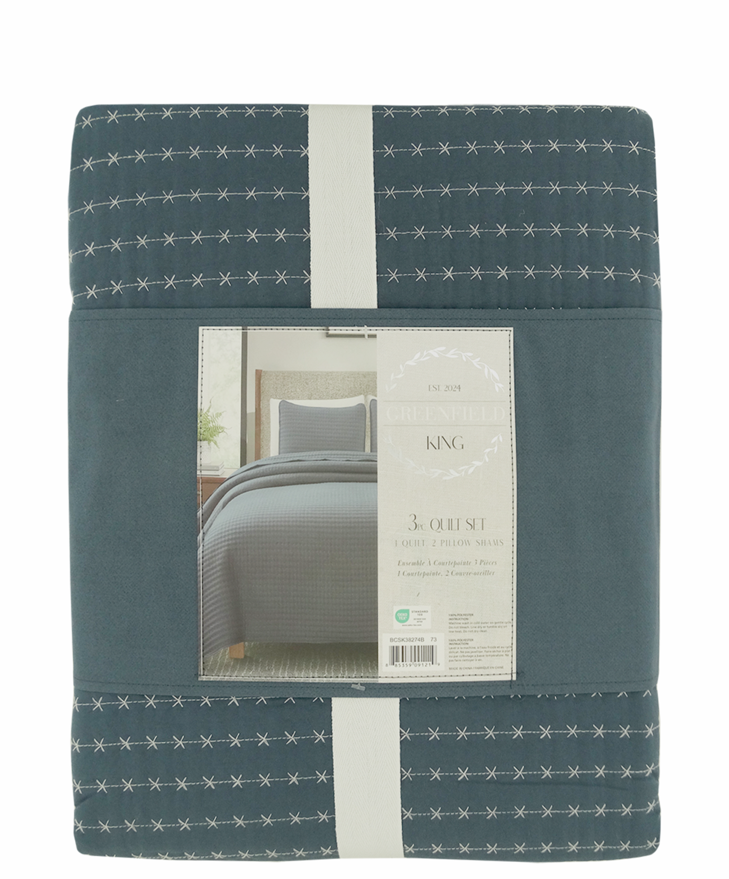BCSK38274B, Greenfield - 3pc King Quilt Set - Indigo/Ivory