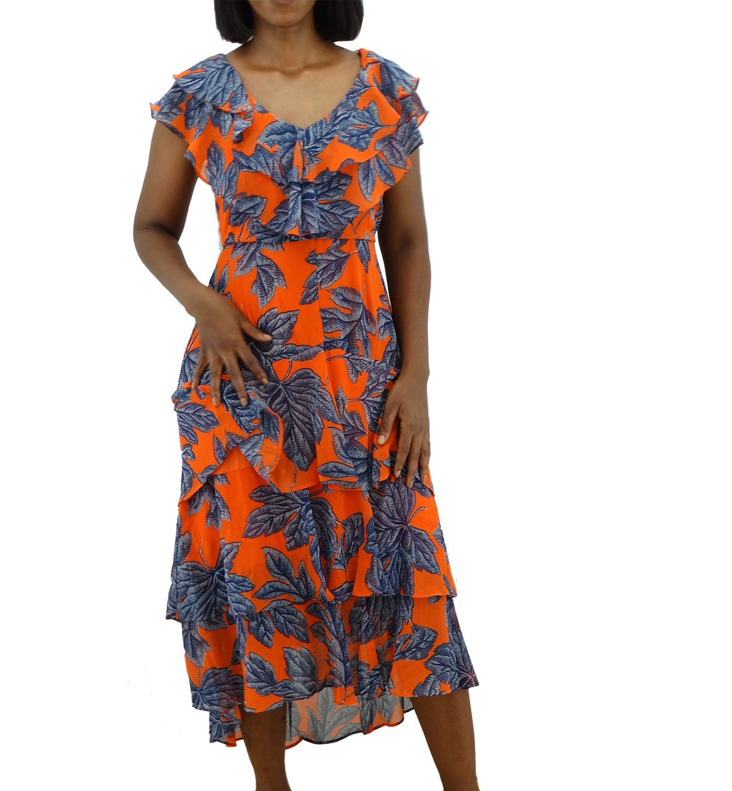 CHO421060, ILE - Women's Cap Sleeve Ruffle Dress - Orange (8-18)