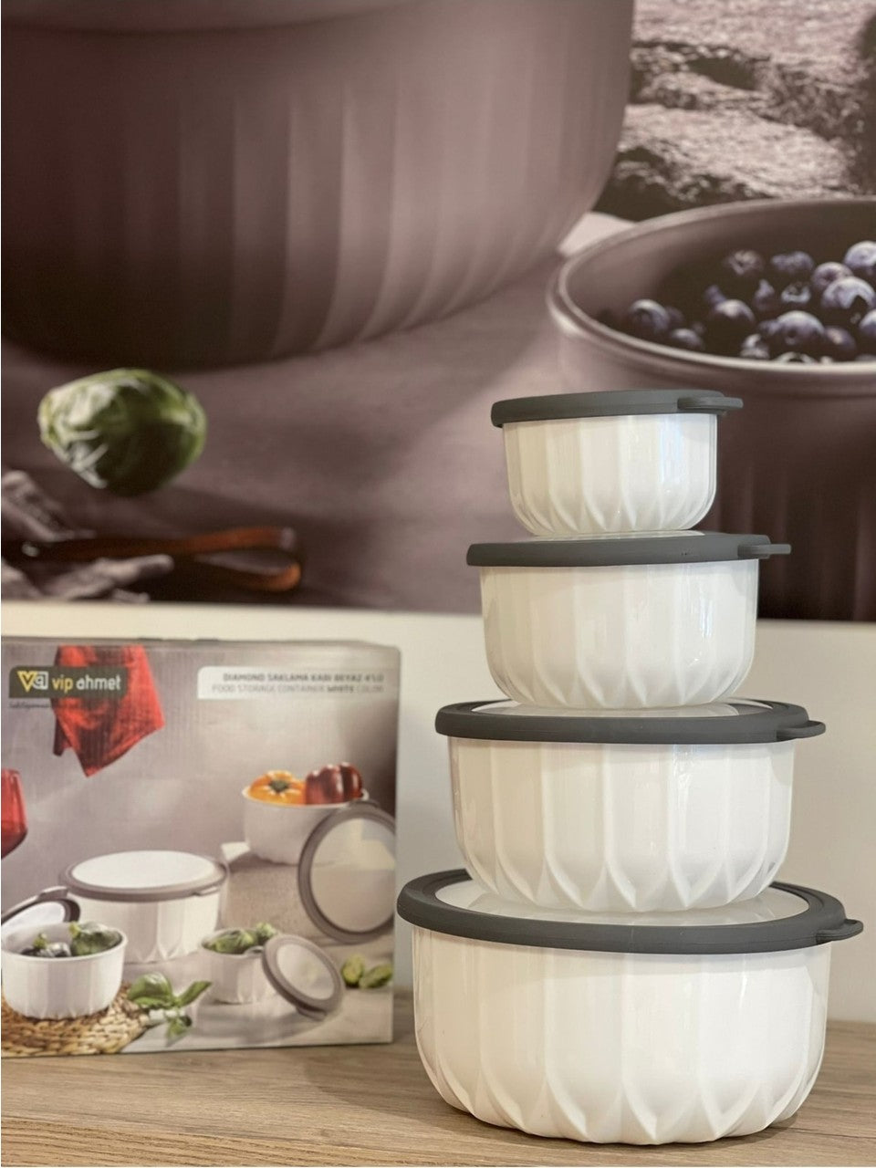 VP040, VIP Ahmet - 4Pc Food Storage Containers - White (3L,2L,1L,0.5L)