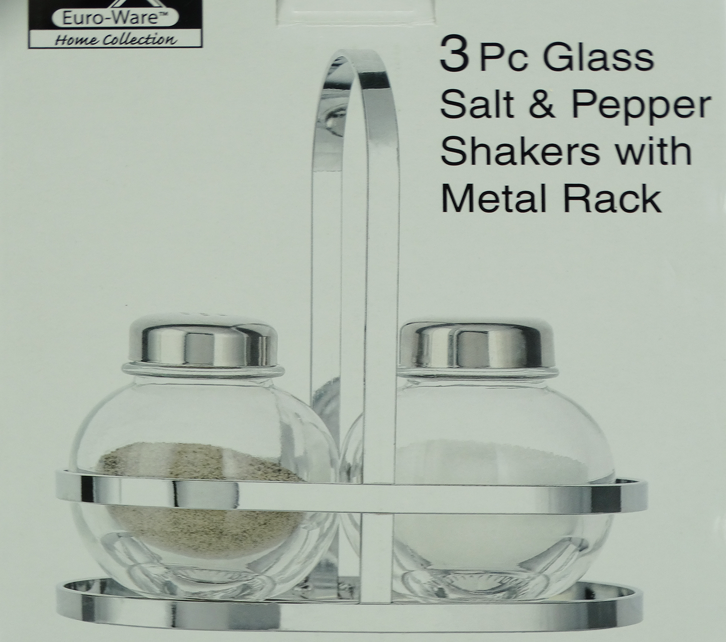 EW65091, Euro-Ware 3pc Glass Salt&Pepper Shaker W/Metal Rack