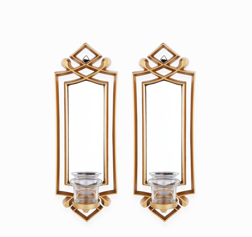 672833, Yiwu Ba., 2Pc Wall Mounted Candle Holders W/Mirror Asstd