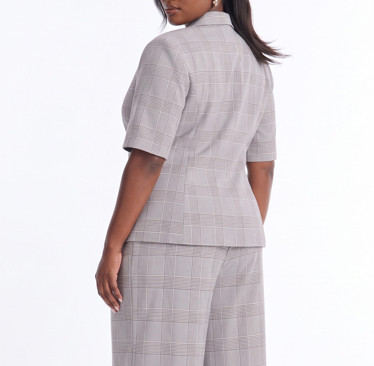 V125MS0719, Report To Me Plaid Ladies Blazer Taupe/ Black Combo