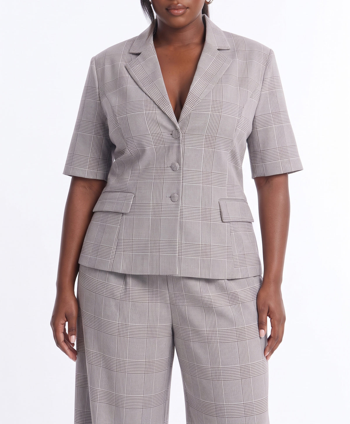 V125MS0719, Report To Me Plaid Ladies Blazer Taupe/ Black Combo