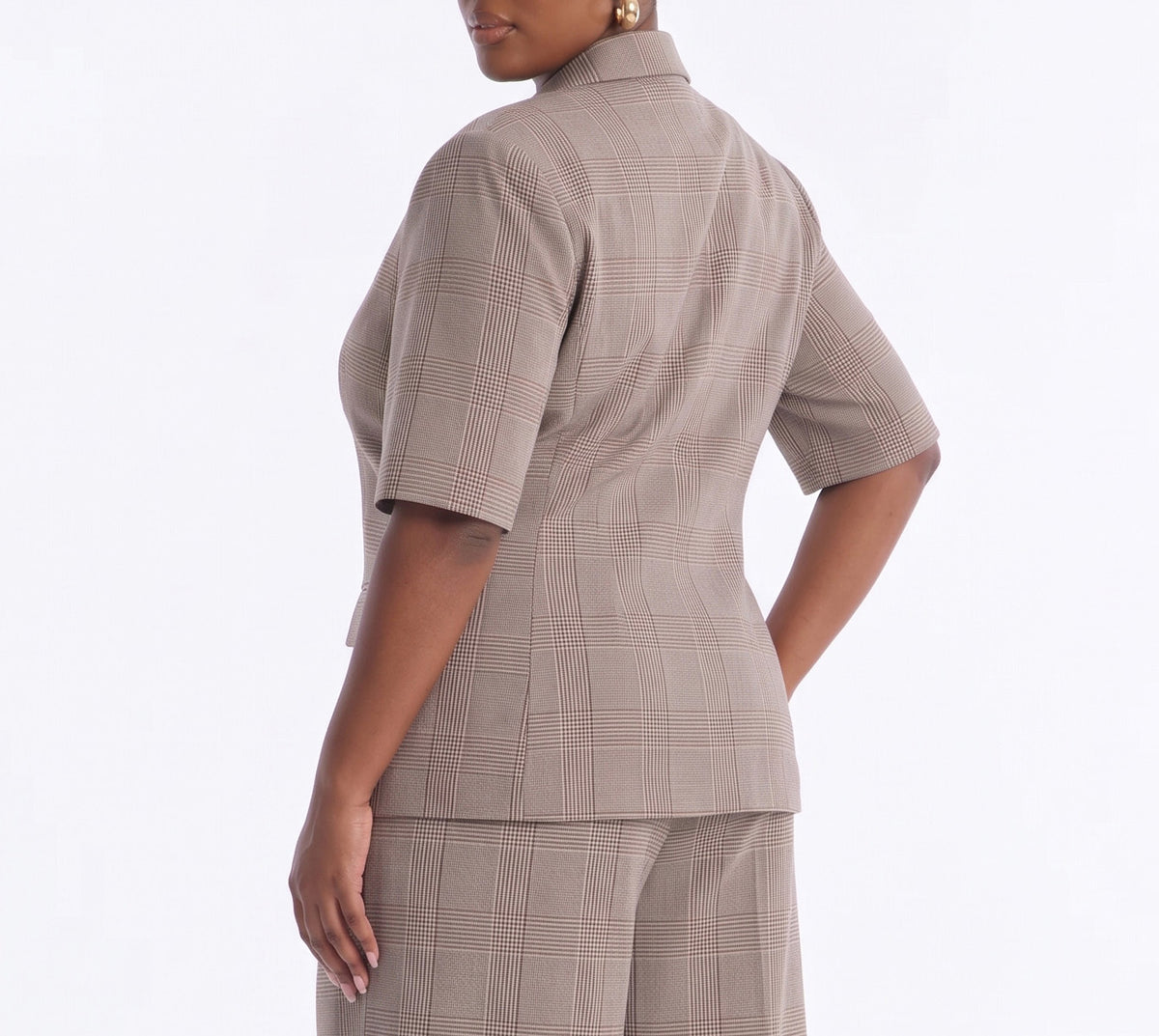 V125MS0719, Report To Me Plaid Ladies Blazer Taupe/ Black Combo