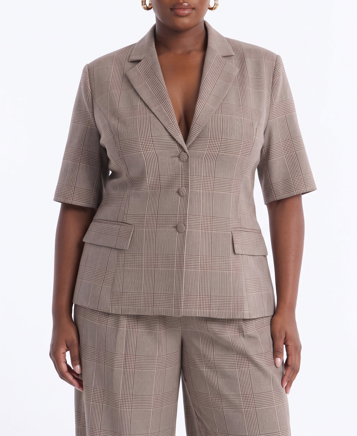 V125MS0719, Report To Me Plaid Ladies Blazer Taupe/ Black Combo